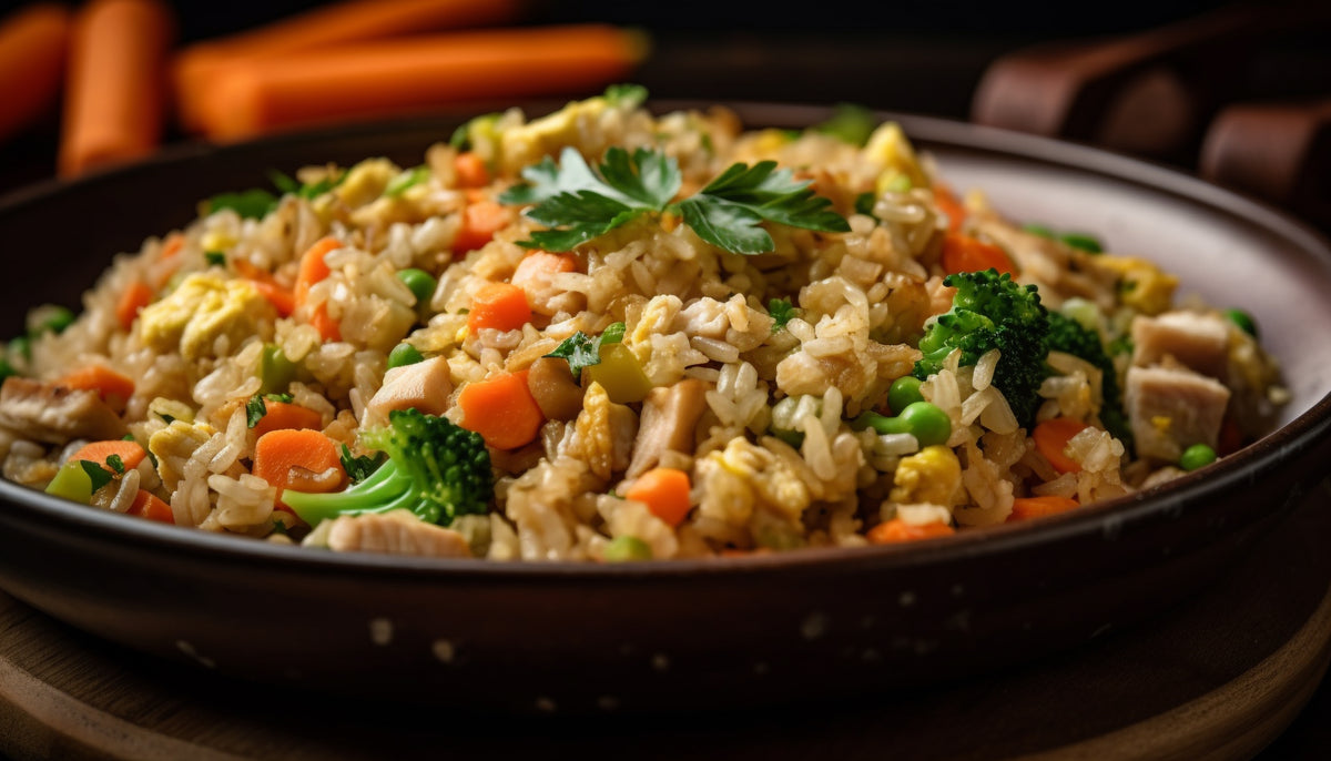 Riz sauté aux noix de cajou, poivron, courgettes et filets de tofu à la japonaise