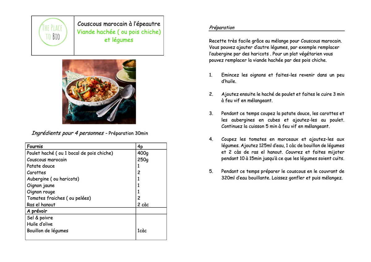 Couscous marocain à l’épeautre, Poulet haché  et légumes
