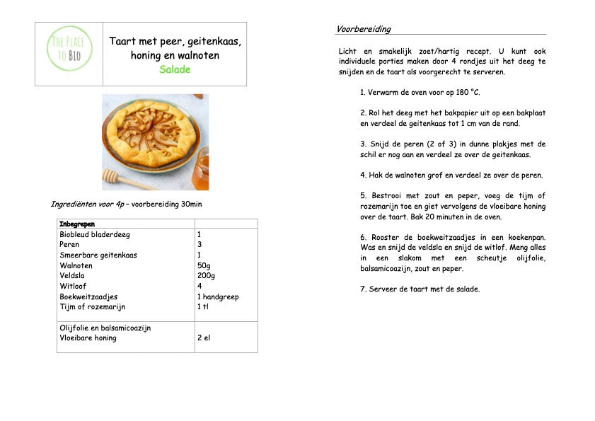 Taart met peer, geitenkaas, honing en walnoten Salade
