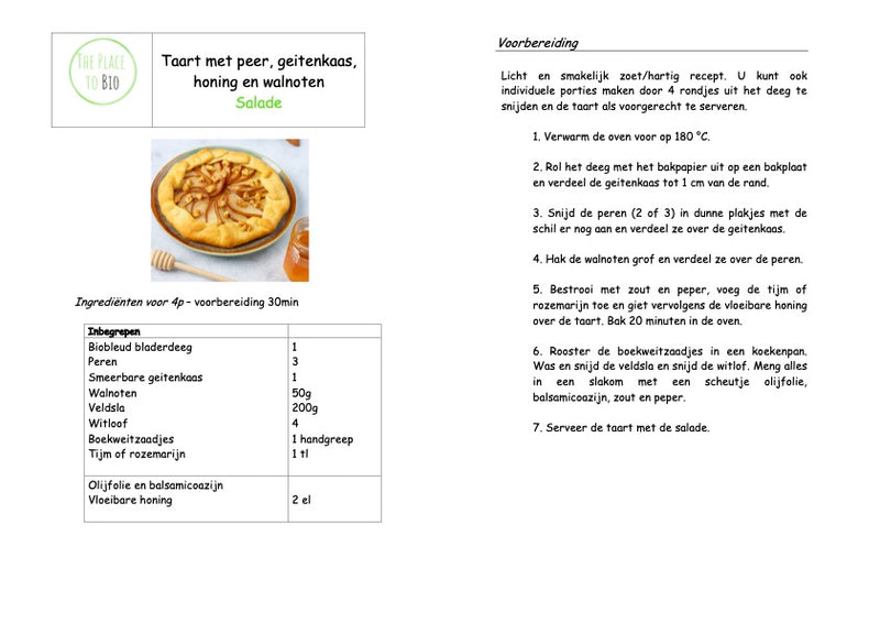 Taart met peer, geitenkaas, honing en walnoten Salade