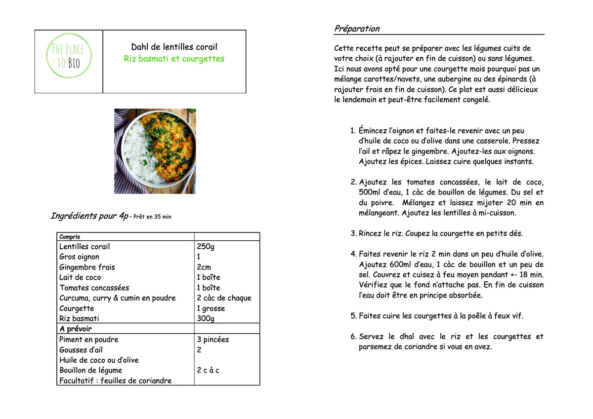 Dahl de lentilles corail Riz basmati et courgettes