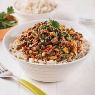 Viande hachée à la mexicaine, poivron, maïs et riz, salsa de tomates