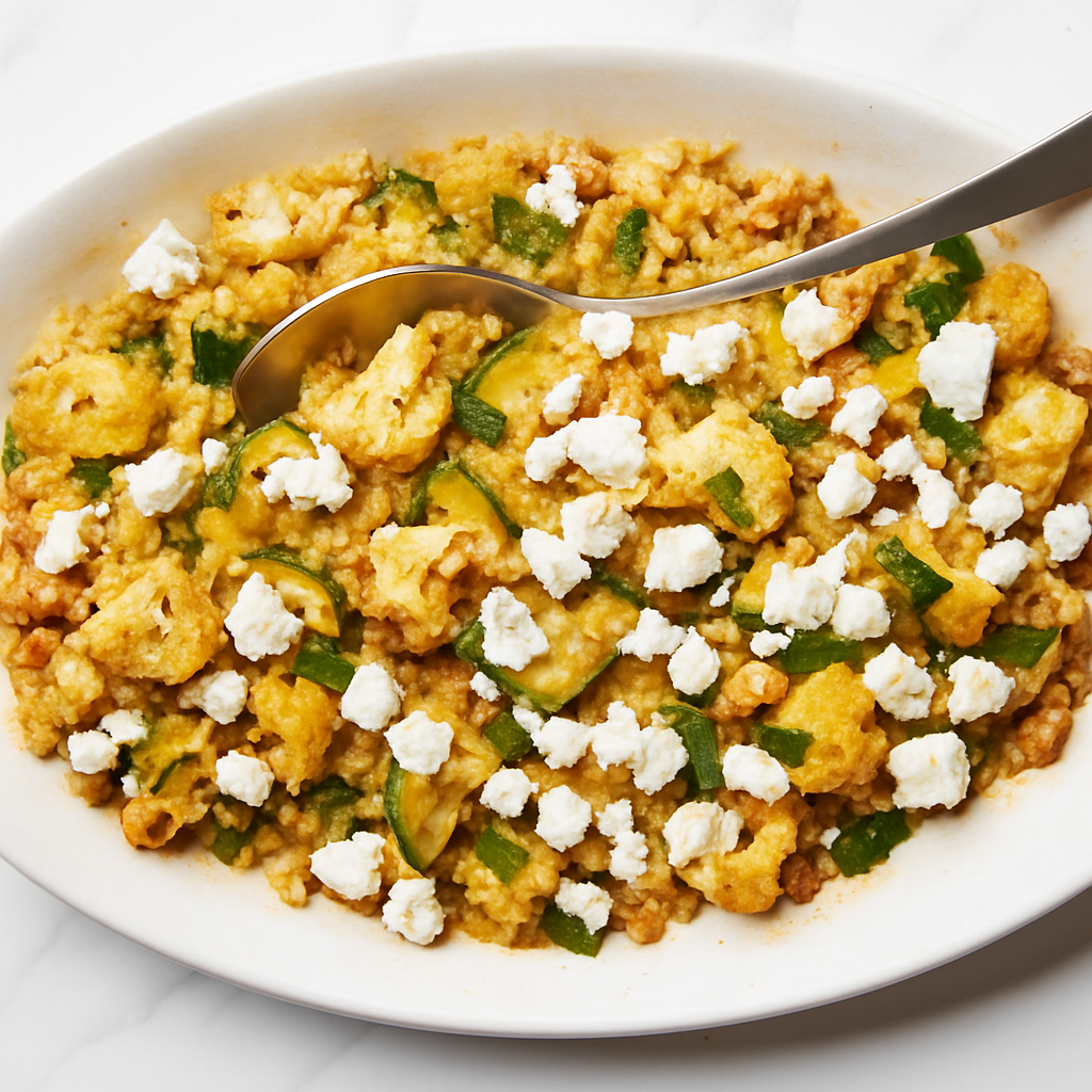 Geroosterde bloemkool en courgettes Sinaasappel- en kruidensalsa, couscous en feta