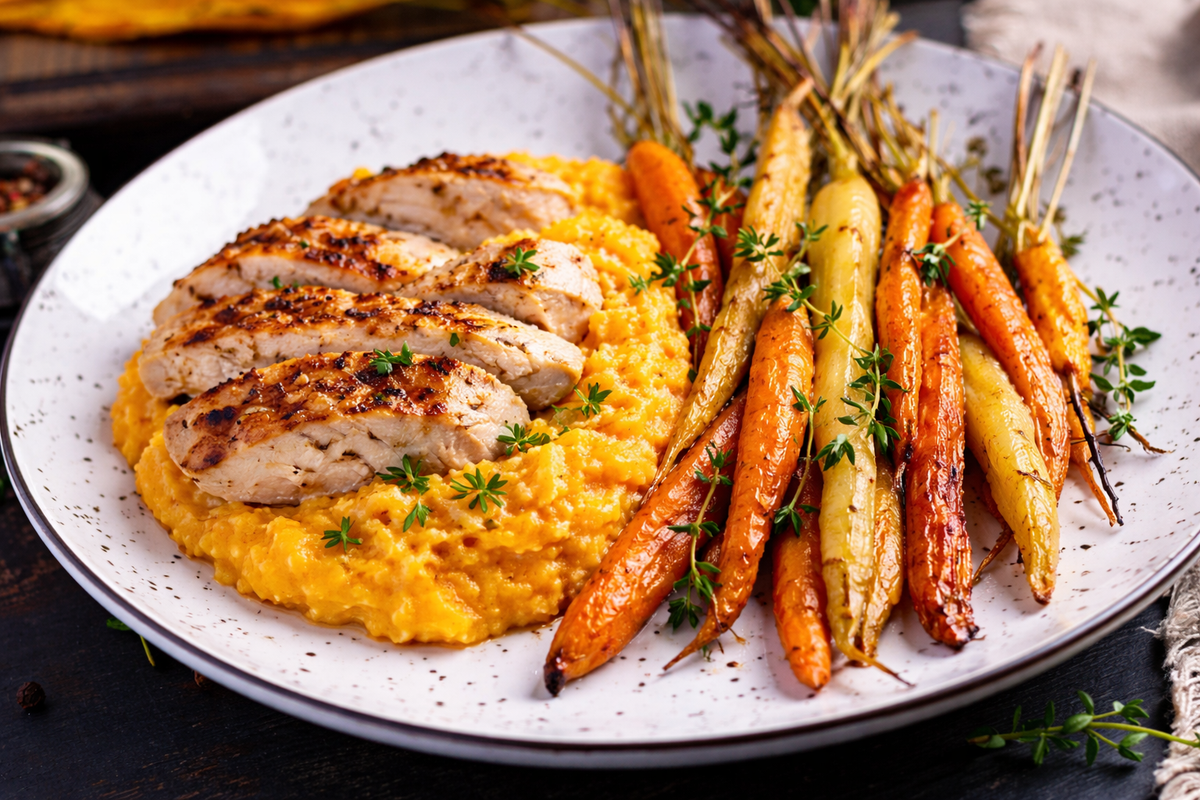 Légumes racines au sirop d'érable, filets de poulet & purée de patate douce