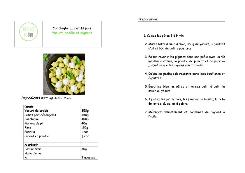 Conchiglie au yaourt aux petits-pois et pignons de pin