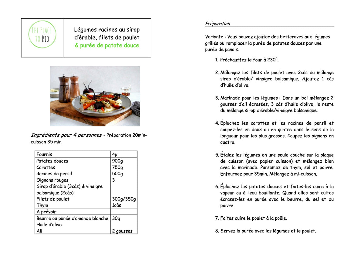 Wortelsgroenten met ahoornsiroop, kipsfilets & zoete aardappel purée