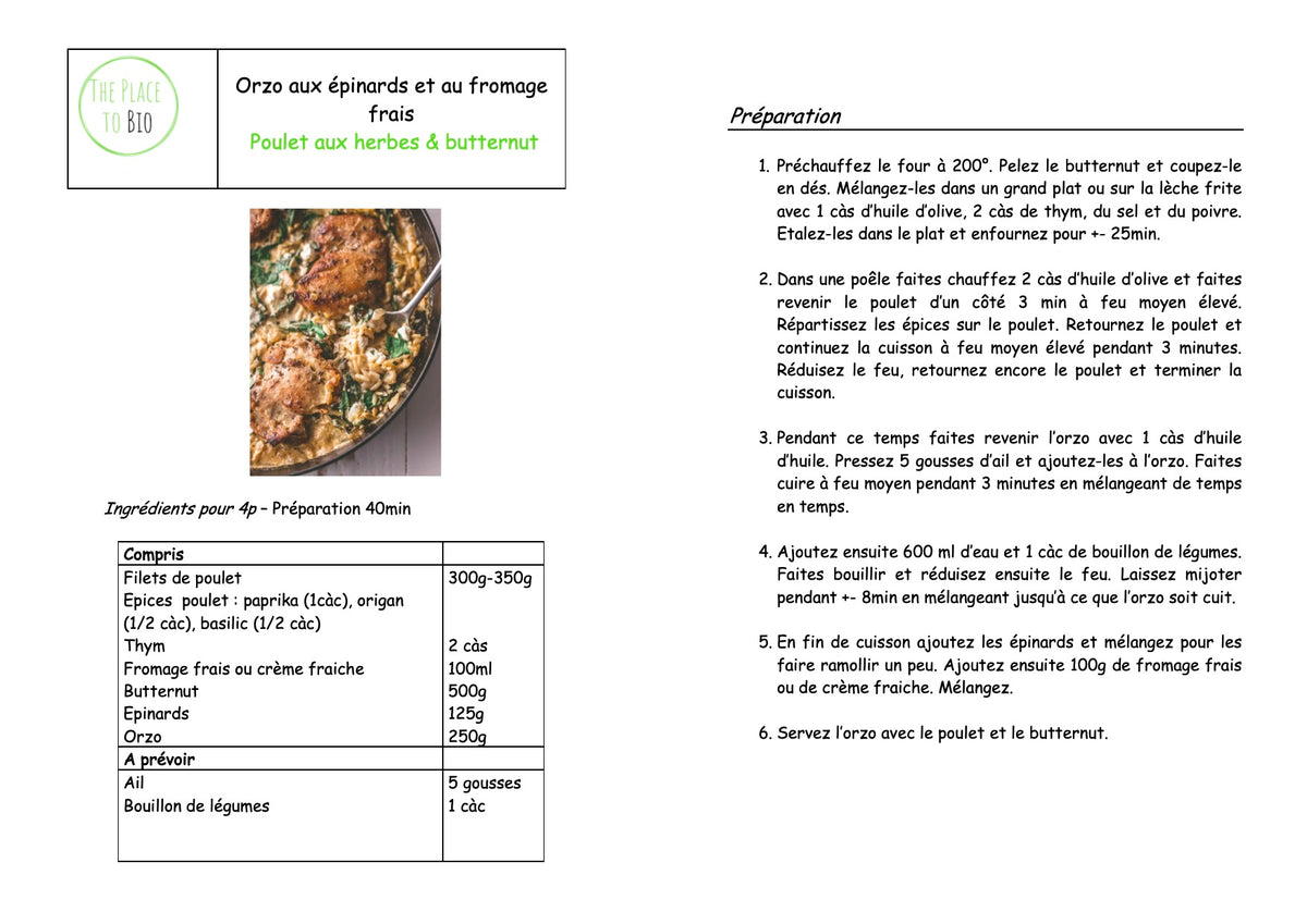 Orzo aux épinards et fromage frais, Poulet aux herbes & butternut