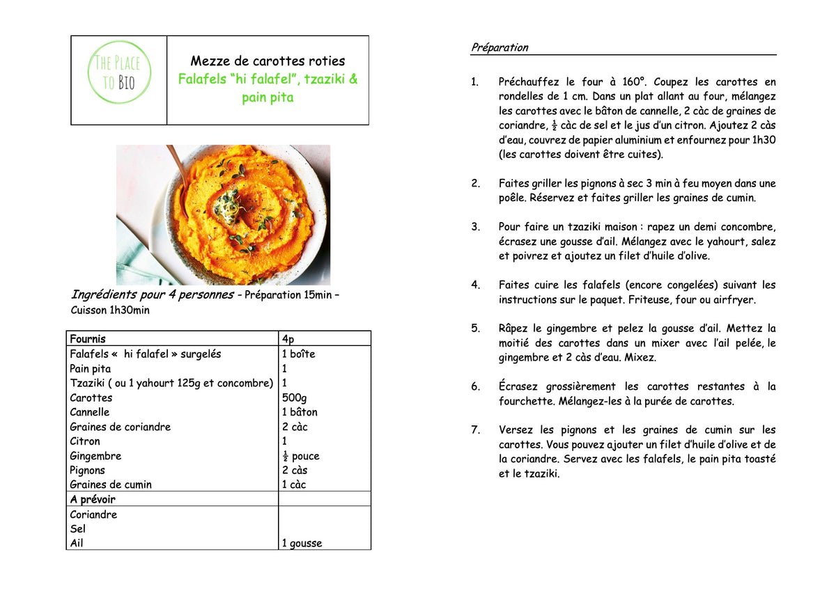 Mezze de carottes roties, Falafels “hi falafel”, tzaziki & pain pita

