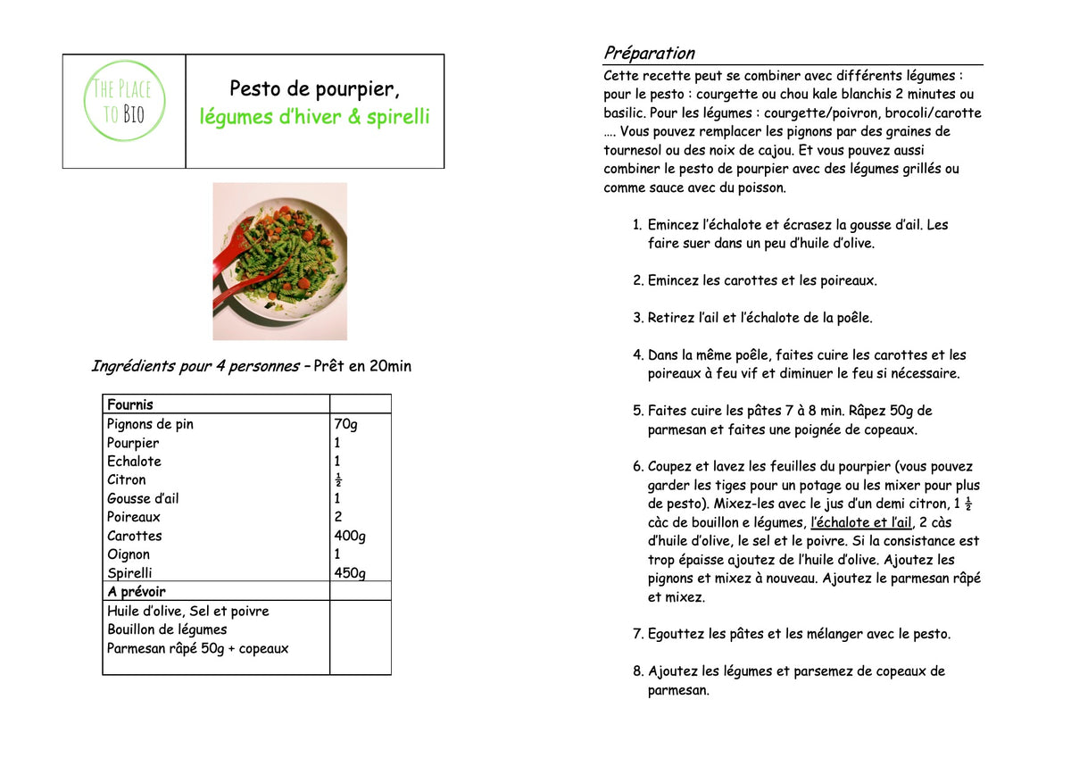 Pesto de pourpier, légumes d'hiver et spirelli