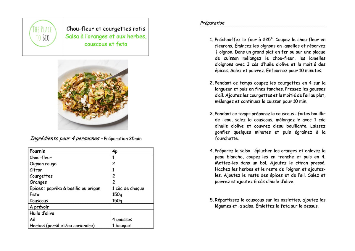 Geroosterde bloemkool en courgettes Sinaasappel- en kruidensalsa, couscous en feta