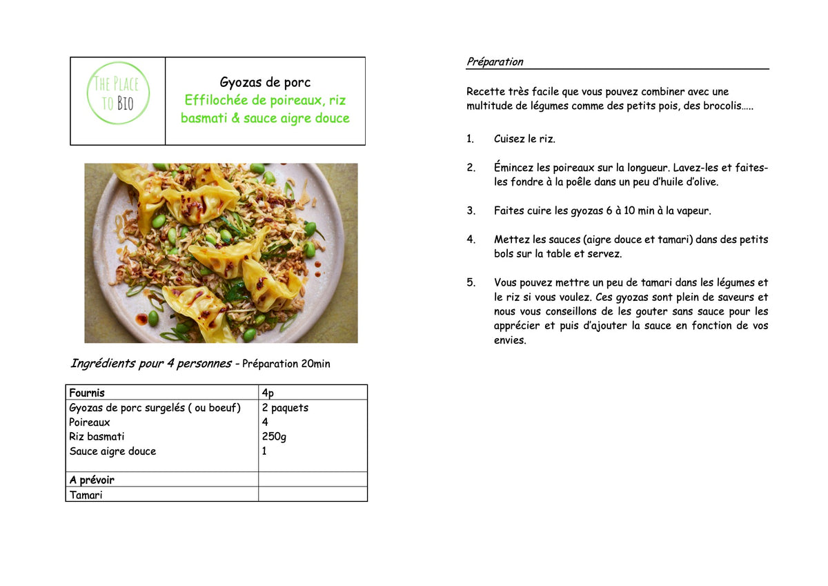 Gyozas de porc, Effilochée de poireaux, riz basmati & sauce aigre douce
