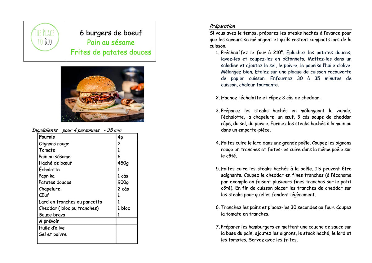 6 burgers de bœuf Pain au sésame Frites de patates douces