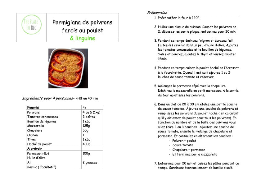 Parmigiana van paprika's gevuld met kip & linguine