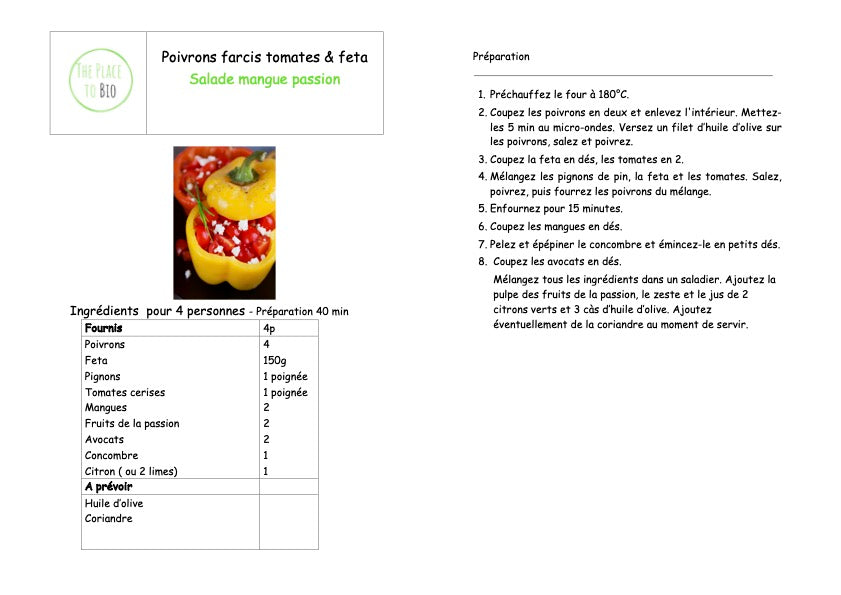 Gevulde paprika’s, Feta, kerstomaten  Mango & passie sla