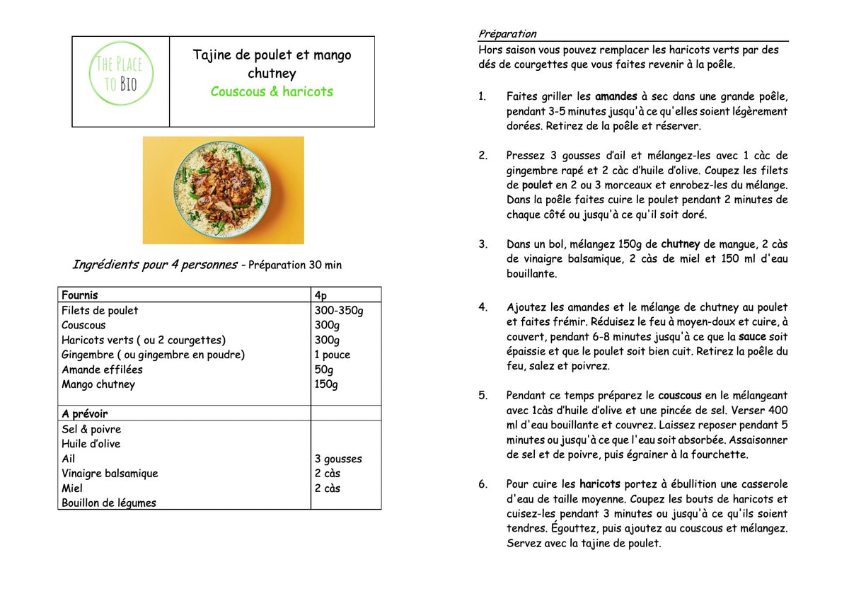 Tajine de poulet et mango chutney Couscous & haricots 