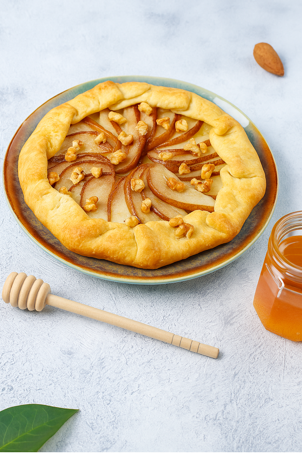 Taart met peer, geitenkaas, honing en walnoten Salade