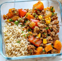 Poêlée de patates douces et poivrons, Viande hachée & riz complet