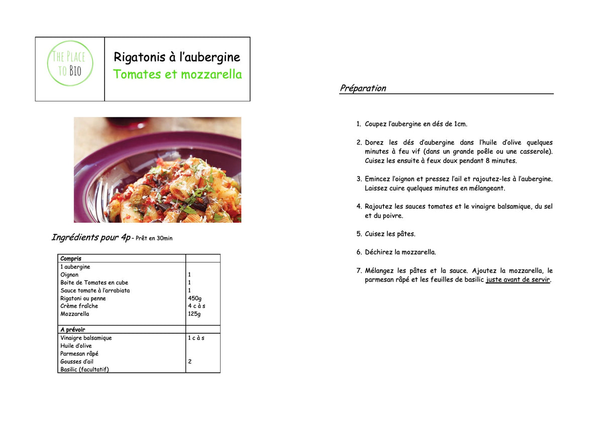 Rigatonis aux aubergines, tomates, sauce arrabiata et mozzarella