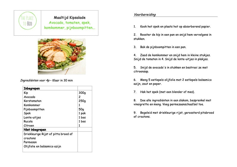 Maaltijd Kipsalade Avocado, tomaten, spek, komkommer, pijnboompitten...