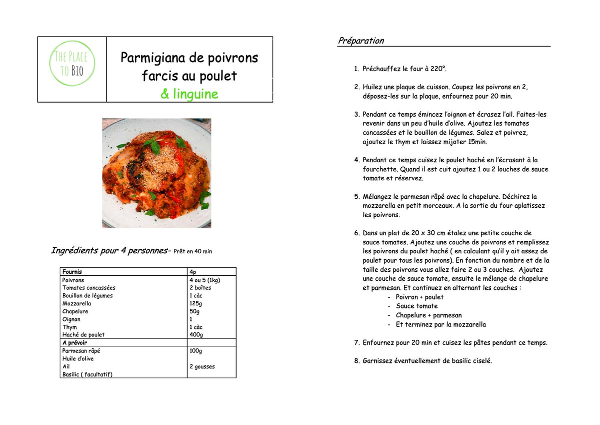 Parmigiana de poivrons farcis au poulet et linguines