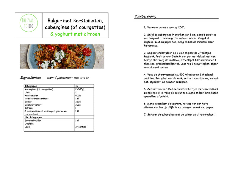 Bulgur met kerstomaten,  aubergines (of courgettes) & yoghurt met citroen