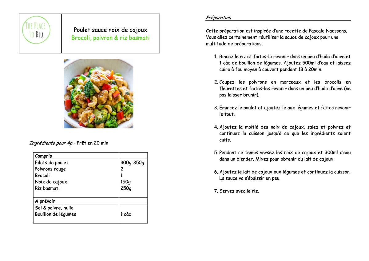 Poulet sauce noix de cajou Brocoli, poivre & riz basmati