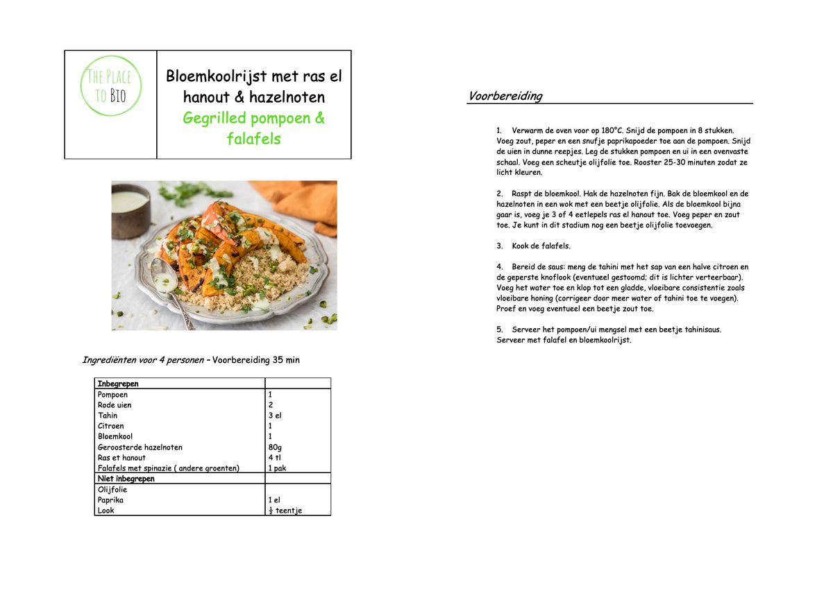 Bloemkoolrijst met ras el hanout & hazelnoten Gegrilled pompoen & falafels