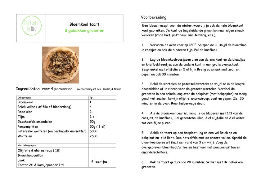 Bloemkool taart & gebakken groenten 4p