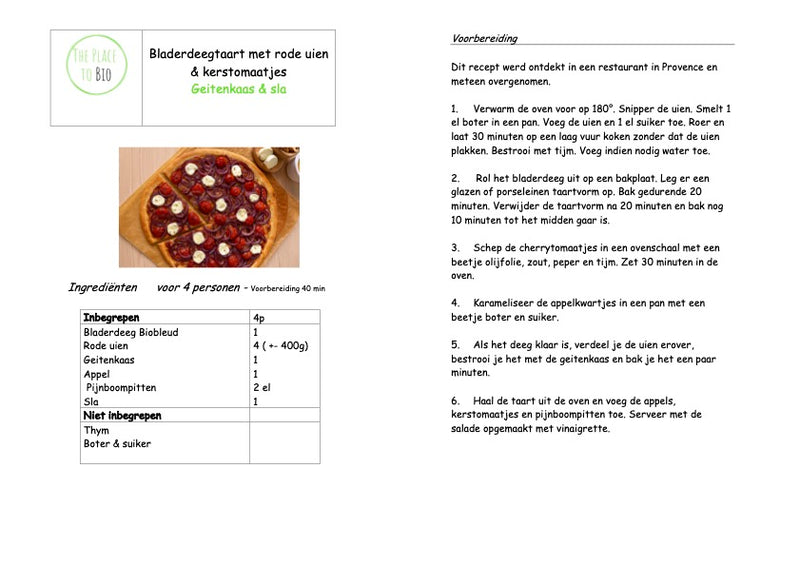 Bladerdeegtaart met rode uien & kerstomaatjes  Geitenkaas & sla
