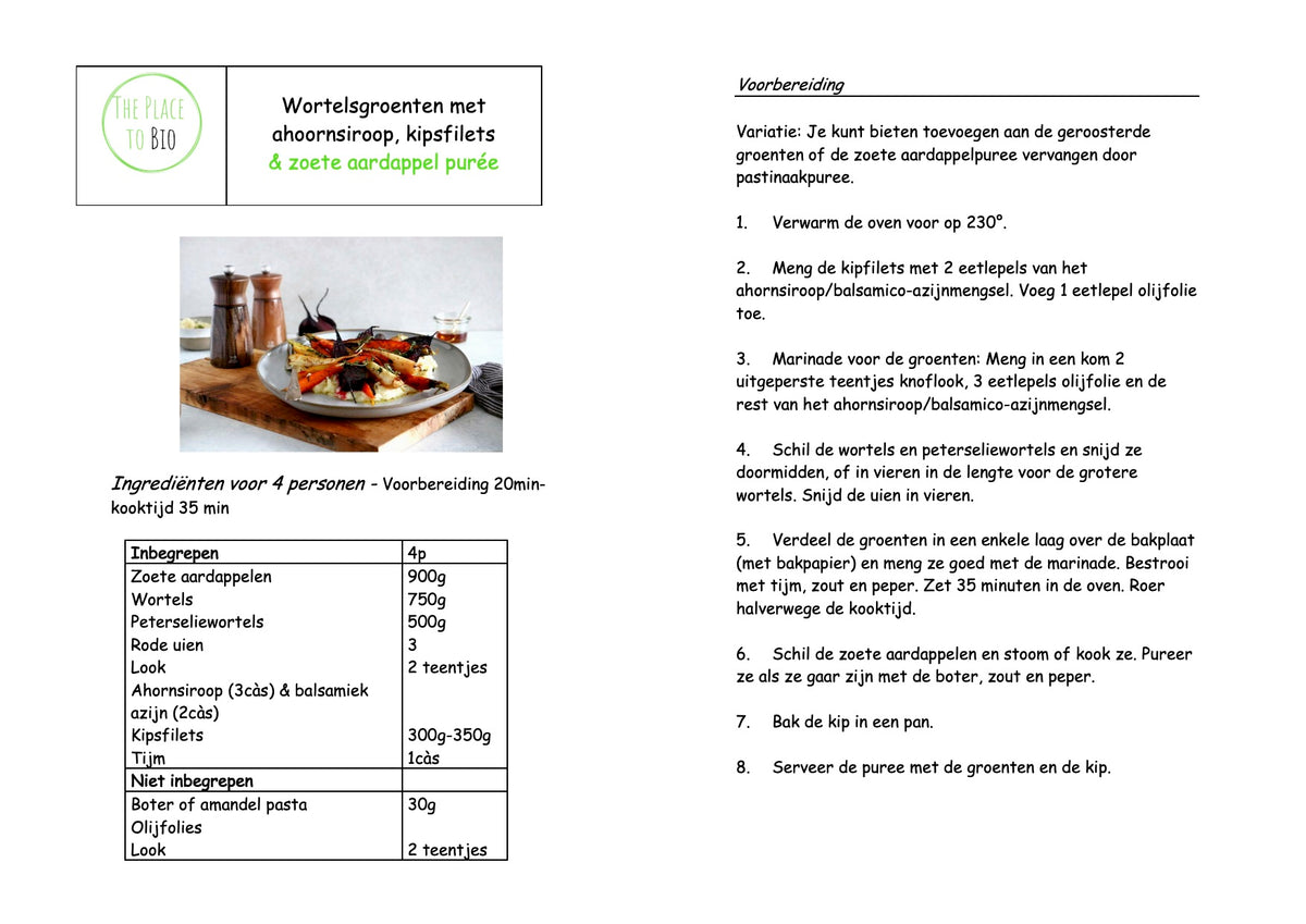 Wortelsgroenten met ahoornsiroop, kipsfilets & zoete aardappel purée