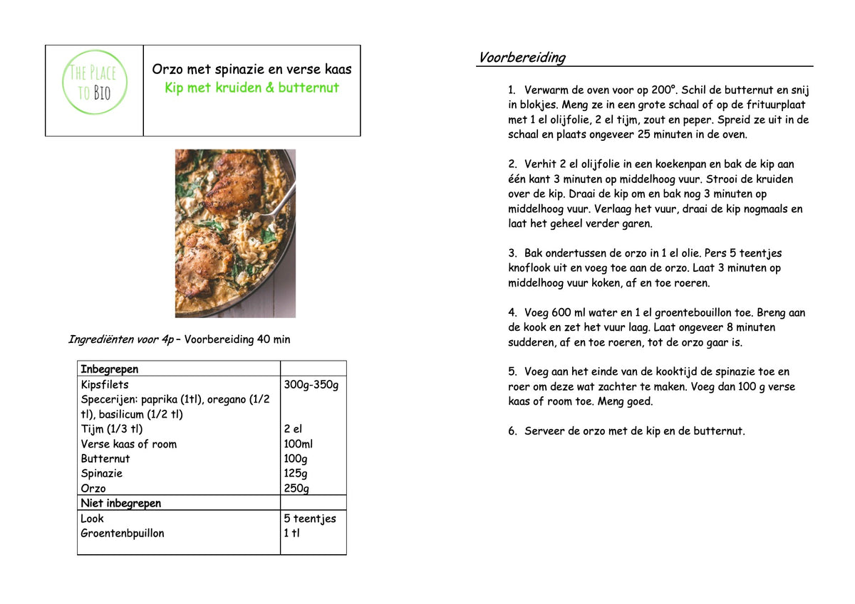 Orzo aux épinards et fromage frais, Poulet aux herbes & butternut