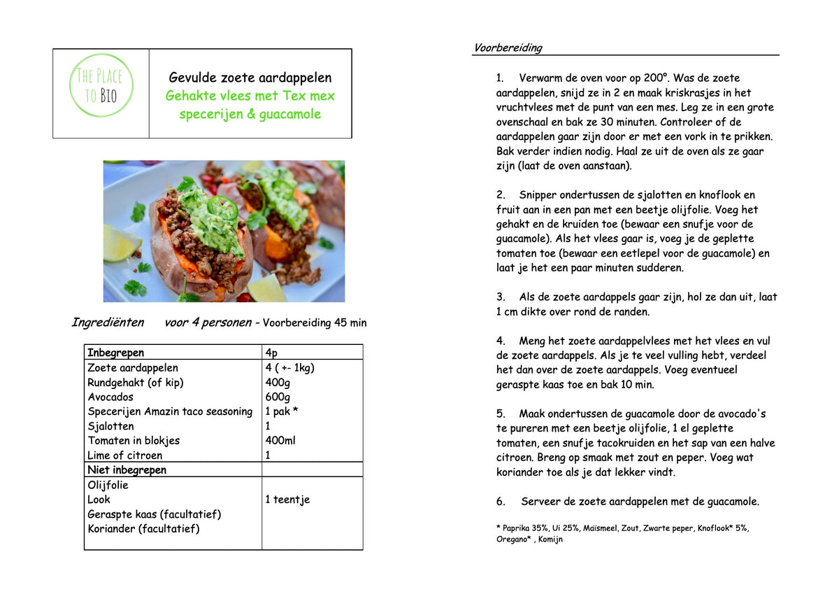 Gevulde zoete aardappelen, Gehakte vlees met Tex mex specerijen & guacamole