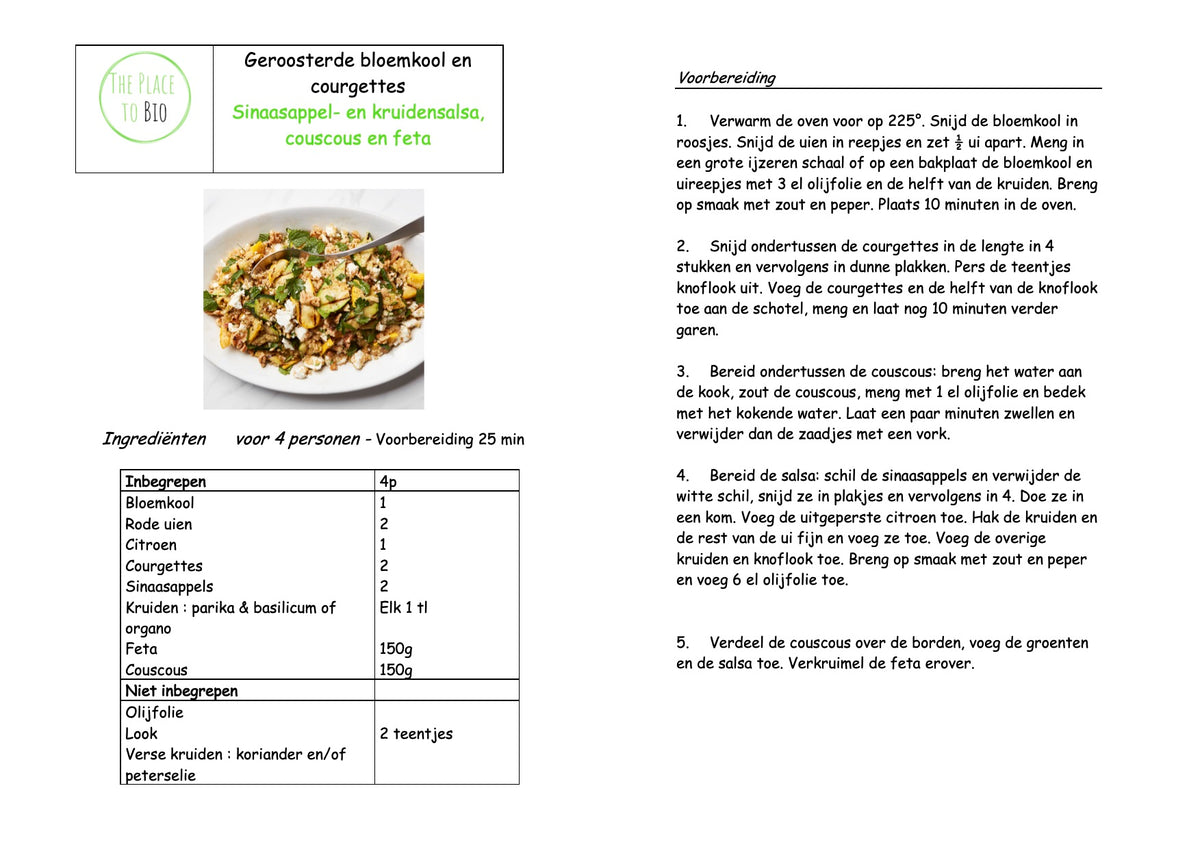 Geroosterde bloemkool en courgettes Sinaasappel- en kruidensalsa, couscous en feta