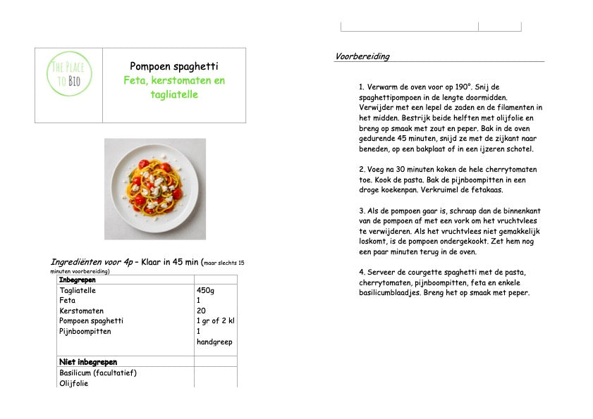 Pompoen spaghetti Feta, kerstomaten en tagliatelle
