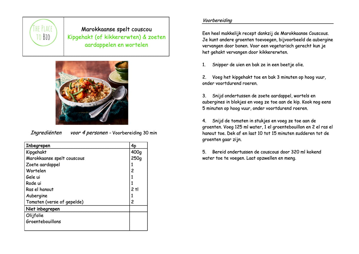 Marokkaanse spelt couscou, Kikkererwten & zoete aardappelen en wortelen