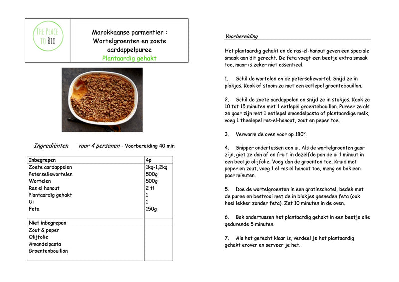 Marokkaanse parmentier : Wortelgroenten en zoete aardappelpuree Plantaardig gehakt