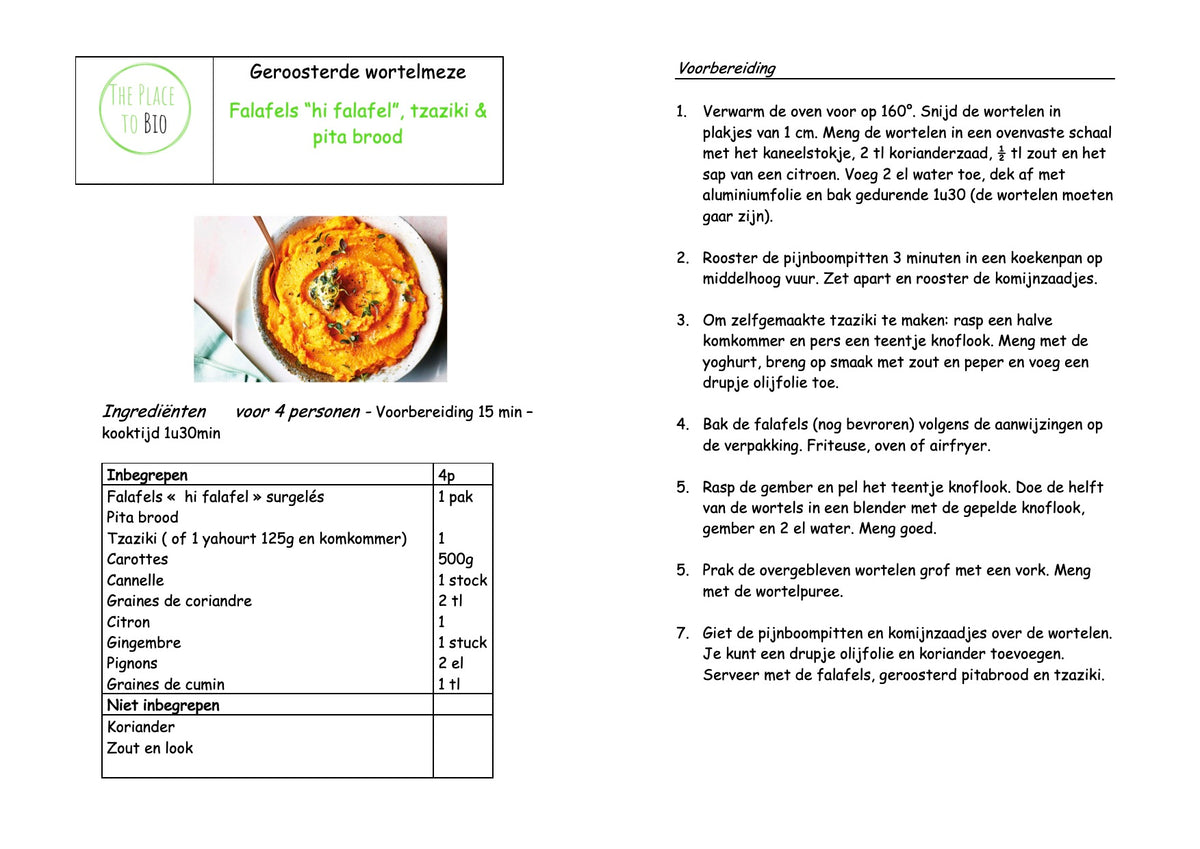 Geroosterde wortelmezze Falafels “hi falafel”, tzaziki & pita brood