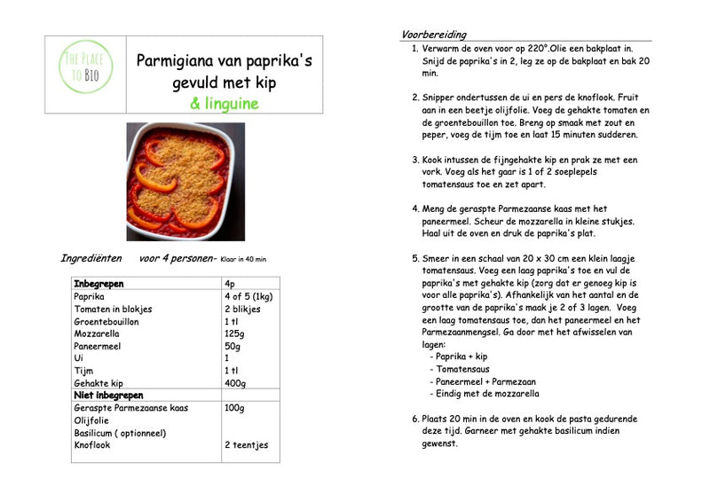 Parmigiana van paprika's gevuld met gehakte seitan & linguine