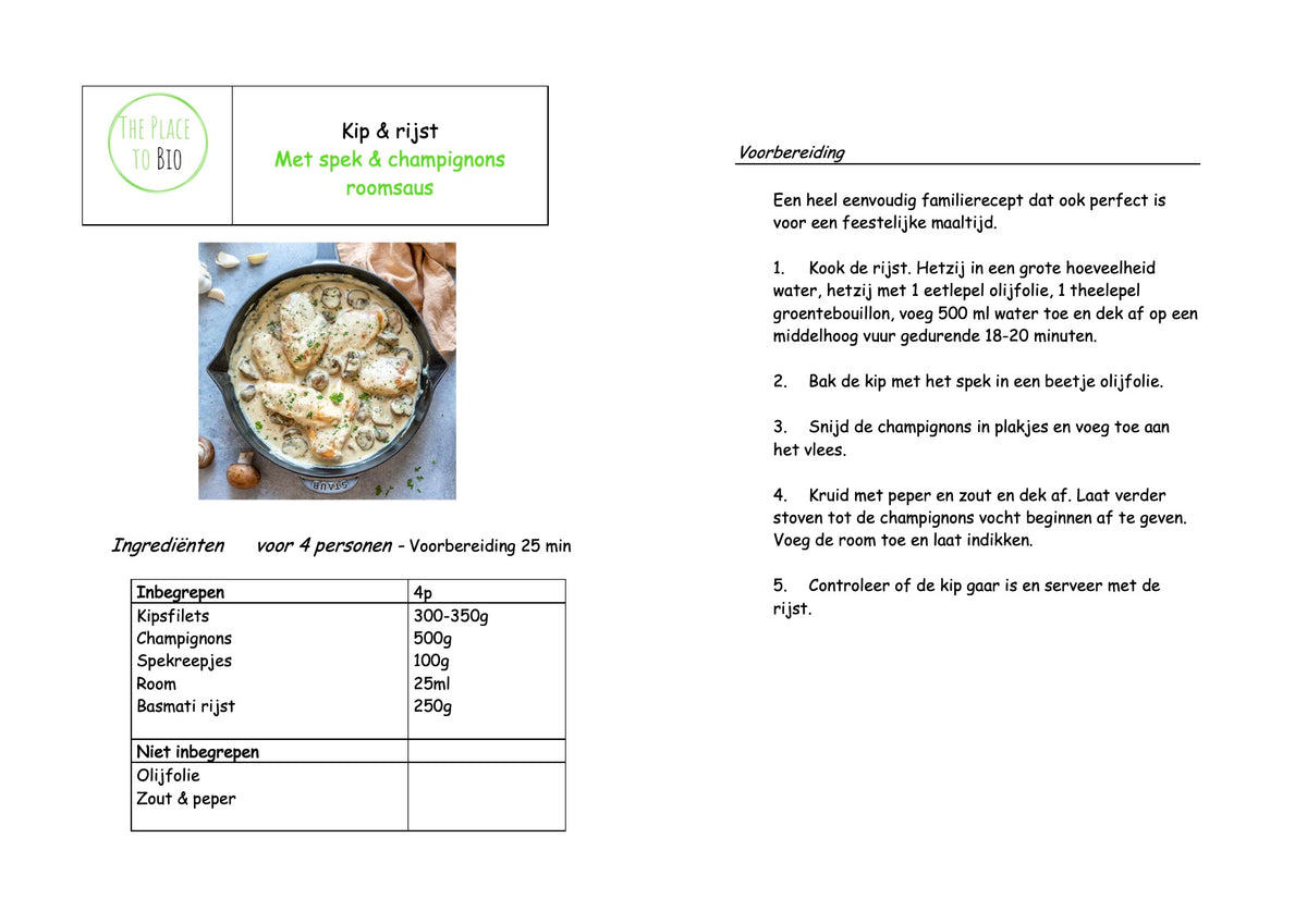 Kip & rijst met spek & champignons roomsaus