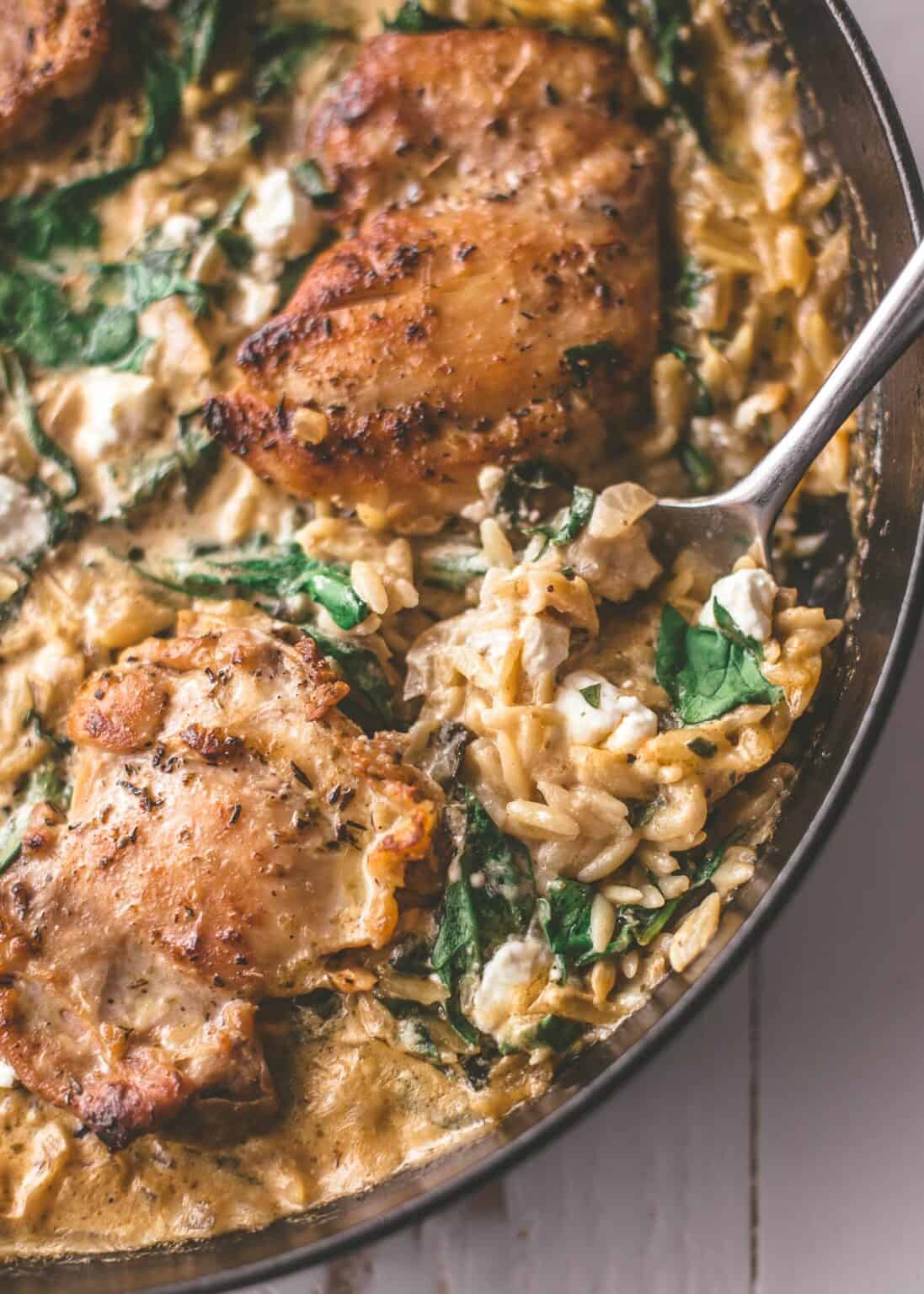 Orzo aux épinards et fromage frais, Poulet aux herbes & butternut