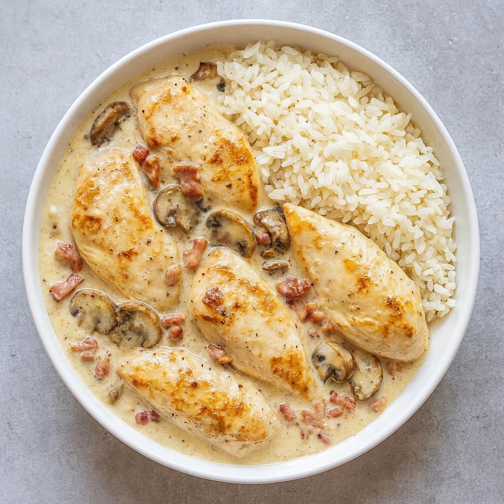 Kip & rijst met spek & champignons roomsaus