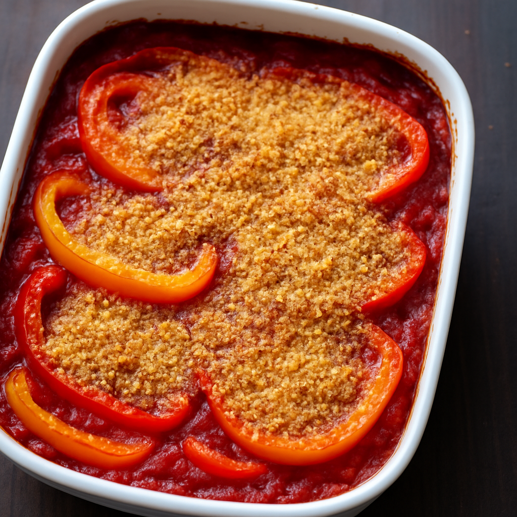 Parmigiana van paprika's gevuld met kip & linguine