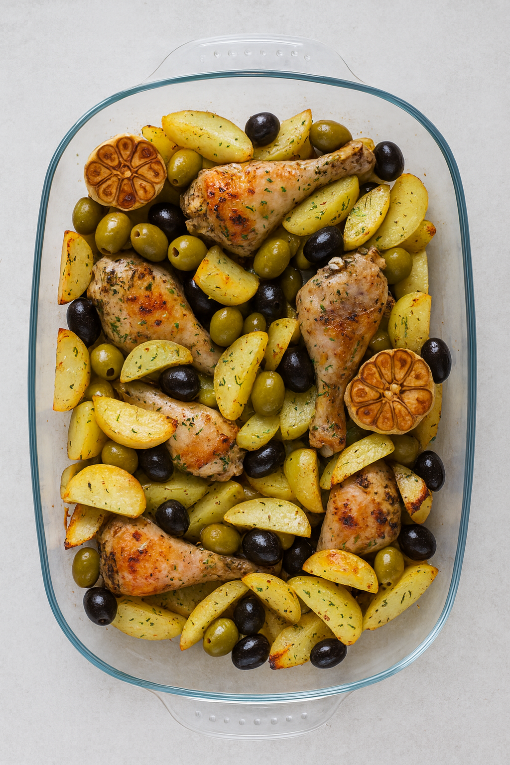 Kip met dadels en olijven Bonen en aardappelen uit de oven