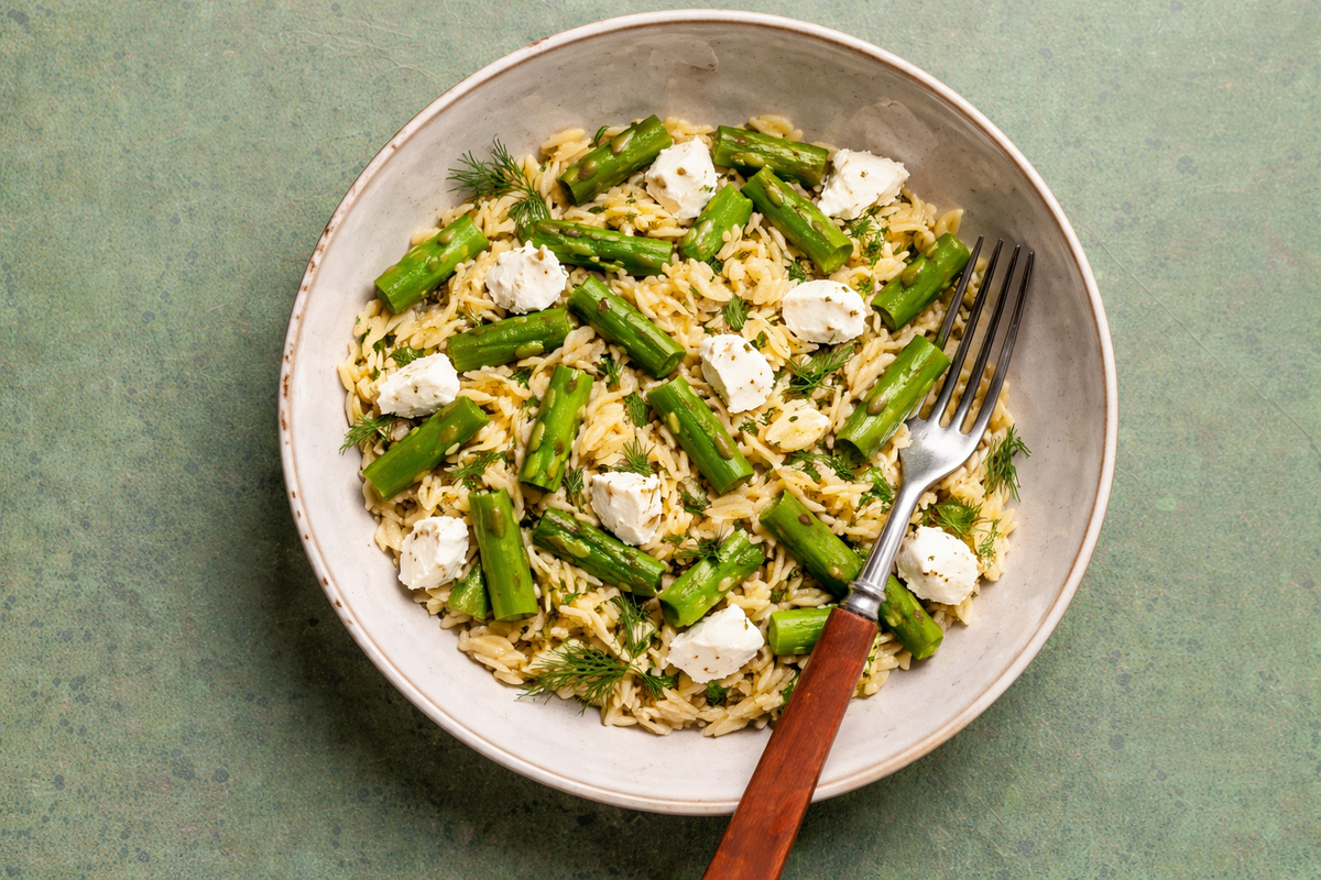Griekse pasta risotto, Groene asparagus & mozzarella