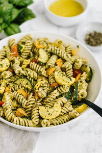 Pesto de pourpier, légumes d'hiver et spirelli