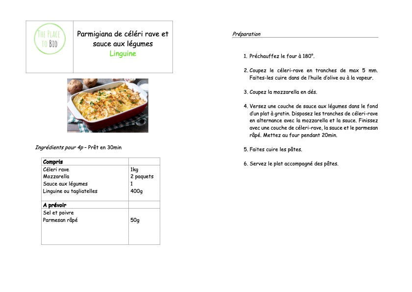 Parmigiana knolselder en groentensaus,  Linguine