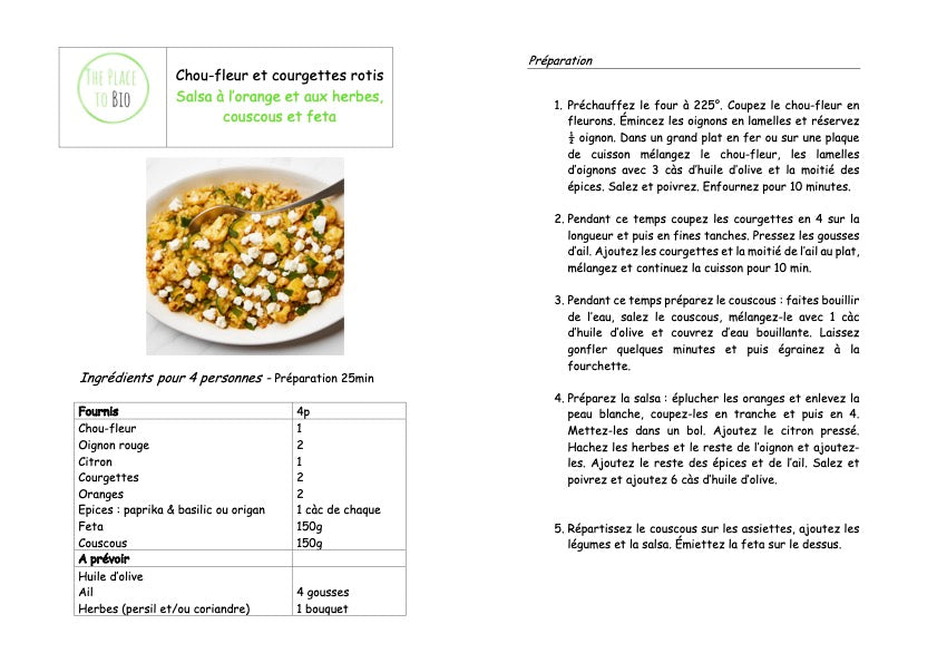 Geroosterde bloemkool en courgettes Sinaasappel- en kruidensalsa, couscous en feta