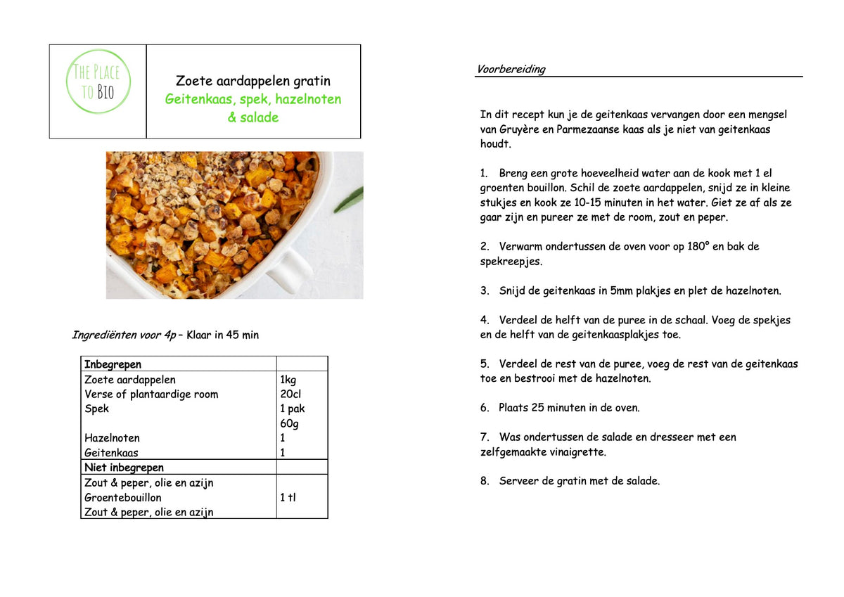 Zoete aardappelen gratin Geitenkaas, spek, hazelnoten & salade