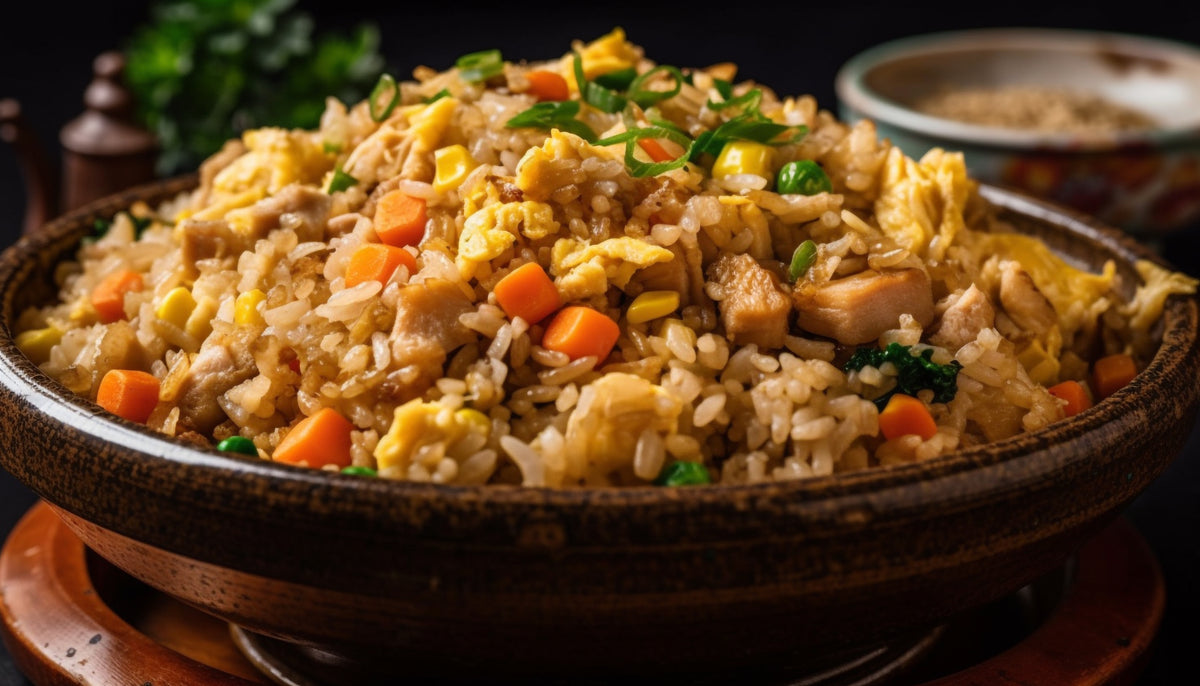 Nasi goreng, basmati, preien, wortels, eieren & kip