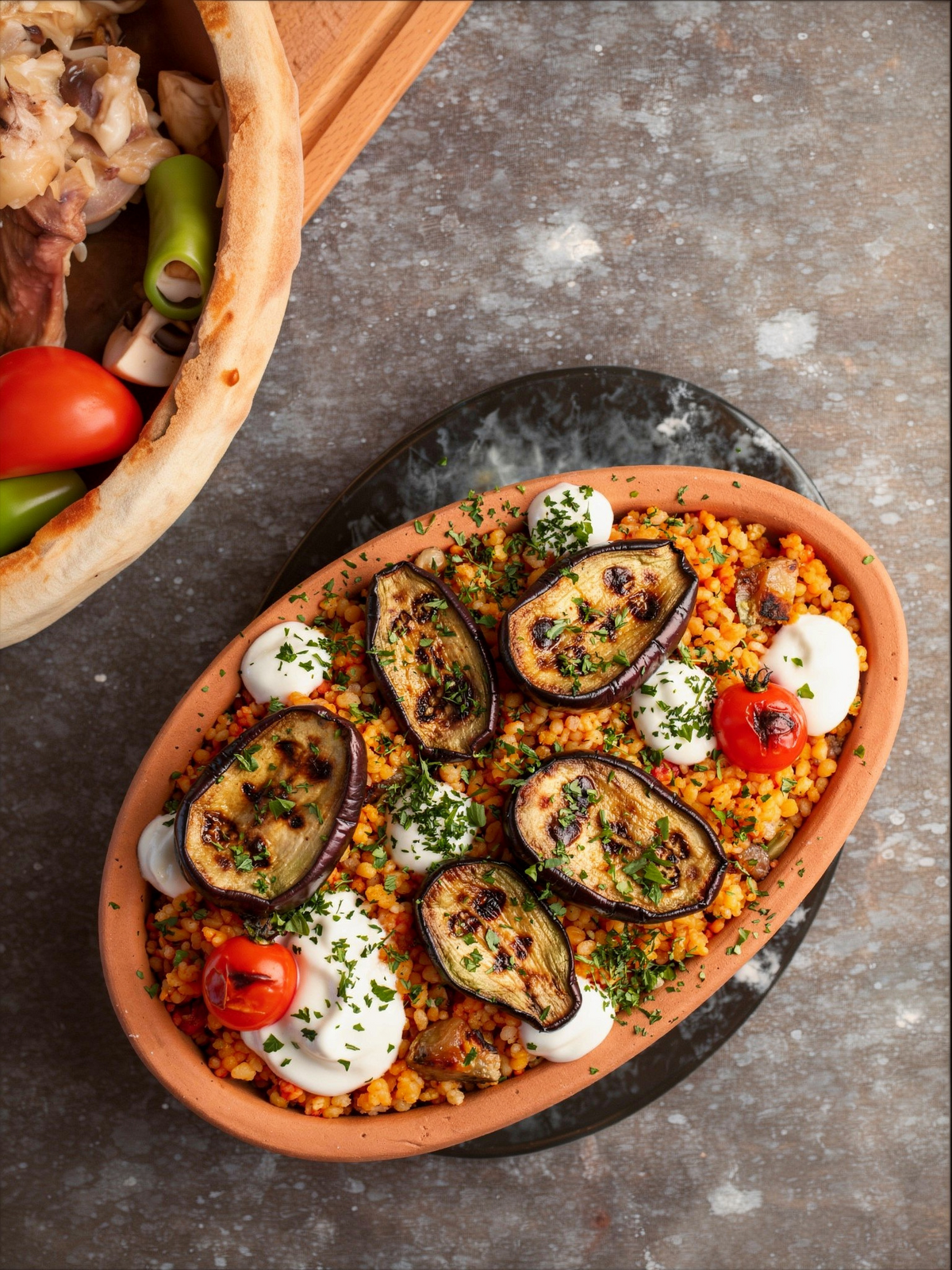 Boulgour aux tomates cerises, aubergines (ou courgettes) & yaourt au citron